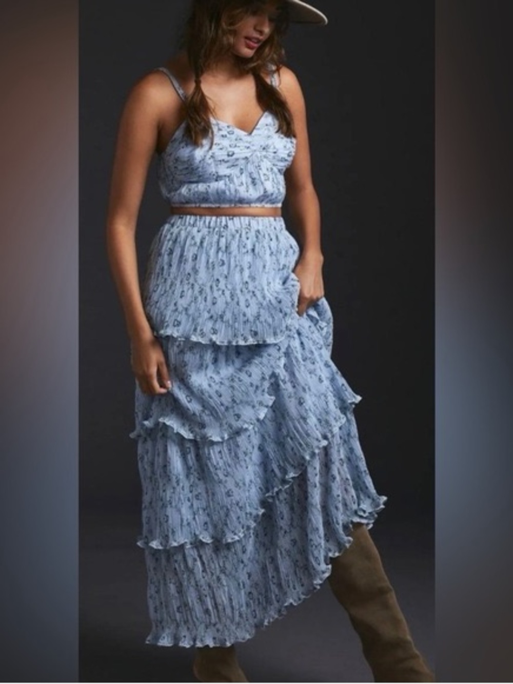 Light Blue Floral Tiered Maxi Skirt - Women's
